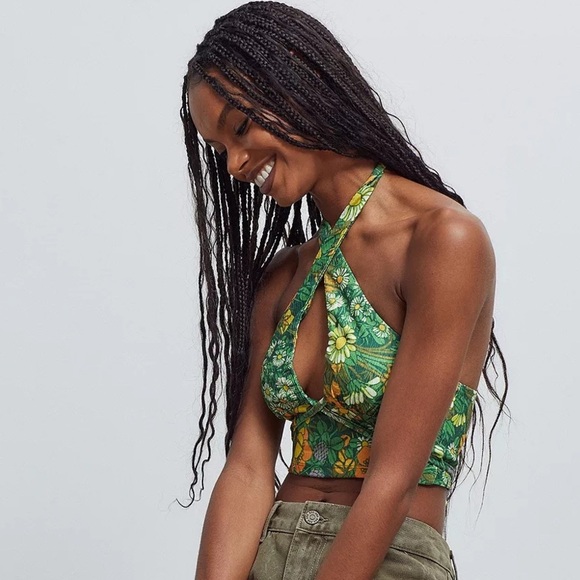 Urban Outfitters Valeria Wrap Over Halter Top Green Floral Size XS - Picture 4 of 13